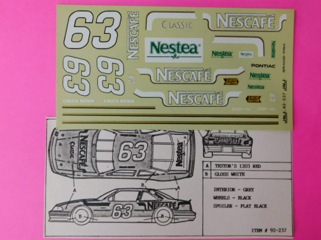 #63 Chuck Bown NESCAFE 1992 1/64th HO Scale Slot Car Decals 