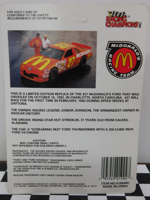 1992 Racing Champions 1:24 Diecast NASCAR Hut Stricklin McDonald's Thunderbird 
