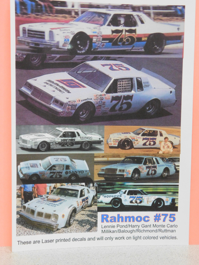 NASCAR DECAL #75 RAHMOC RACING 1980 CHEVROLET MONTE CARLO LENNIE POND 1/24 PPP 