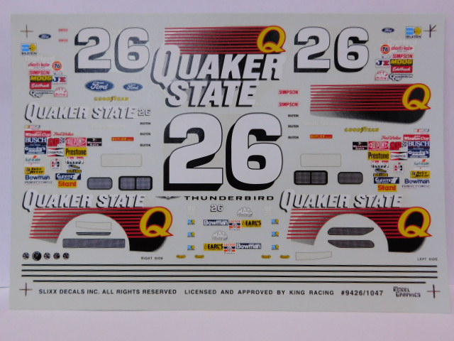 #26 Steve King Brett Bodine Quaker State 1/32nd Scale Slot Car Decals 